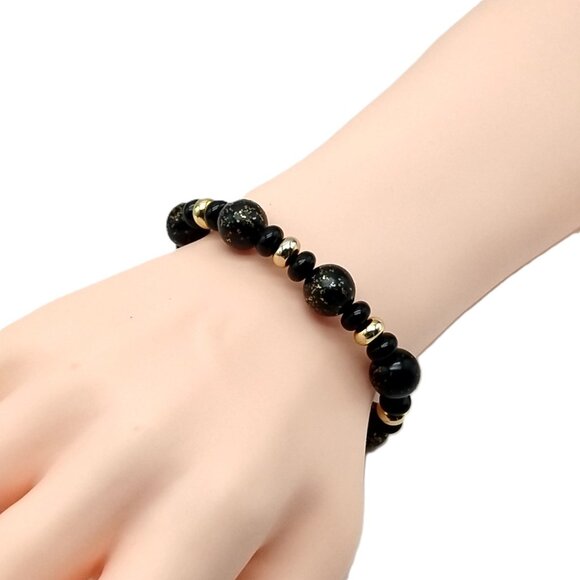 Black Beaded Stretch Bracelet with Gold Accents - Boho Chic Statement Jewelry - Picture 6 of 11